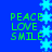 Blue background with green text reading PEACE LOVE SMILE repeated four times, surrounded by light blue snowflake shapes.