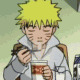 Animated sequence of a character with spiky yellow hair eating from a bowl, holding utensils in both hands.