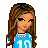 Pixel art buddy icon featuring a female character in blue sports attire with visible text and logo elements on the right side.