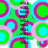 Pixelated abstract composition with overlapping circular shapes in bright green, cyan, magenta, and pink hues against a white background.