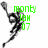 Pixelated black-and-white figure holding a long object with green text 'mony', 'ion', '07' overlaid on a white background.