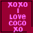 Four identical pink pixelated text on a dark red background with one showing an additional black heart symbol