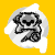Pixelated grayscale figure with raised arms inside white speech bubble on solid yellow background.