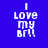 Pixelated text "I LOVE MY BRU!" on blue background with shifting pink horizontal bars across the image.