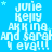 Blue background with repeated white text reading "julie kelly ak king and sarah eva!!!" surrounded by small light blue stars.