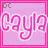 Pixelated pink and white text 'Cayla' with a question mark on a light purple background, framed by bright pink borders.