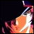 Pixelated anime-style character with orange hair and a blue hat holding a glowing sword against a black background.