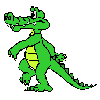 Green cartoon crocodile with yellow underbelly in six sequential poses showing walking animation cycle.