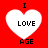 Red background with four white heart shapes arranged in a , each containing black text: 'I', 'LOVE', and 'AGE' stacked vertically
