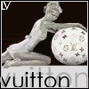 Static image of a kneeling figure holding a spherical object with 'LV' monogram, below which is the text 'vuitton'.