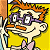 Pixelated cartoon character with orange hair and purple glasses on yellow background next to green text reading "Original Icons .com" in pixel font.