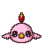 Pixel art contact sheet of a pink bird-like character with red crest, yellow beak, and small wings across 10 animated frames showing facial expressions and wing positions against gray background.