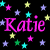 A static contact sheet of a 3-frame animated buddy icon featuring the name "Katie" in pink text surrounded by colorful stars on a black background, with one frame showing a gray transparency area.