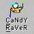 Pixel art character with cyan hat and white face holding a stick, wearing yellow shirt with multicolored patches, standing above text reading "CaNdY RaVeR" on gray background.