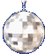 Two silver disco ball icons with reflective surfaces, each suspended by a blue outline against a gray background.