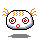 Two pixelated circular icons with orange antennae, red spiral eyes, and red mouth, one with blue text above it, both on gray background.