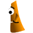 Pixelated orange cone-shaped figure with single large eye, black pupil, and curved black mouth, set against solid gray background.