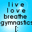 Blue background with pixelated text reading live love breathe gymnastics and a colon symbol arranged vertically.