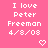 Pink background with white pixelated text reading "I love Peter Freeman 4/8/08" and two heart symbols, one on each side.