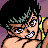 Pixelated anime-style character with dark afro hair and green highlights, holding a yellow object near their face against a purple and black background.