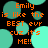 Pixelated text reads "Emily is like the BEST evr cuz it's ME!!" over a black background with teal circles, repeated in a pattern
