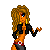 Pixel art animation of a female character with curly brown hair and blue eyes performing hand gestures across three frames, each paired with text labels below.
