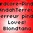 Red background with repeated black text and two identical showing "Loves! Blondtana" in pixelated font