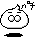 Two pixelated white blob characters with black outlines, each standing on a solid black base against gray background; left character has closed eyes and floating symbols above head, right character has open eyes.