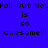 Pixelated text repeats 'Fall Out Boy is so awesome!!!' across a blue background with pink rectangular highlights.