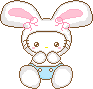 Pixelated bunny character with pink inner ears and bows, blue diaper, brown outline, yellow nose, and pink cheeks in two expressions.
