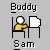 Pixel art buddy icons with yellow figure, red prohibition symbols, and text labels like 'Buddy', 'Block', 'Add Buddy' over gray background.