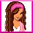 Pixel art buddy icon featuring a cartoon woman with long brown hair and pink headband on left, next to text "Pretty In PINK" in pixelated font on right against light pink background.