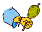 Animated sequence of a yellow hand holding a green fruit with a stem, wearing a light blue hat with darker blue trim against gray background.