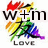 Pixelated icon with 'w+m' text above 'LOVE' text, featuring rainbow-colored wing-like shapes and a red heart shape at top.