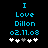 Blue pixelated text reads "I Love Dillon 02.11.08" above five white and gray plus signs on a black background.