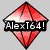 Five diamond-shaped icons in red, green, blue, yellow, and purple with white highlights on a gray background; one icon displays "AlexT64!" text.
