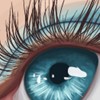 Close-up of a human eye with blue iris, brown eyelashes, and visible skin texture around the eye.
