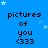 Blue background with repeated text 'pictures of you <333' in black pixelated font, scattered light blue stars.