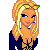Pixel art contact sheet showing multiple views of a blonde female character in blue and gold attire with visible belly button, alongside partial text reading "Sweetie".