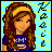 Pixel art buddy icon of a cartoon woman with long brown hair wearing a blue shirt, set against a light blue background with yellow and black pixelated patterns.
