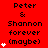Red background with black text reading "Peter & Shannon forever (maybe)" and white heart symbols appearing in increasing numbers across three