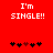Red background with white text 'I'm SINGLE!!' and five heart symbols below, where the third heart is red and others are black.