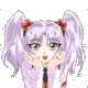 Pixelated anime-style character with light purple hair in twin ponytails, red hair accessories, and a white outfit with red accents, next to large black text reading BAKA.