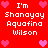 Red background with white pixelated text reading "I'm Shanayyay Aquafina Wilson" surrounded by pink heart icons in a pattern
