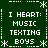 Green background with white pixelated text reading "I HEART: MUSIC TEXTING BOYS" repeated in four quadrants, bordered by white asterisks and dotted lines.