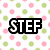 Pixelated icon with black rectangular background containing white text "STEF" over repeating pattern of pink and green circular shapes.