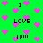 Green background with pink pixelated hearts and black text reading "I LOVE U!!!" in a repeating pattern.