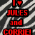 Animated pixel art displays "I ❤️ JULES and CORRIE!" text in three color variations with heart symbols changing from red to orange to yellow.