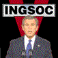 Animated contact sheet of 11 frames showing a man in a dark suit with blue tie against red and black background, each frame labeled "INGSOC" at top.