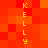 A pixelated image with a red-orange gradient background featuring two vertical of yellow text spelling 'KELLY' in blocky, uppercase letters